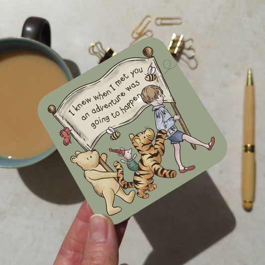 Green Winnie Adventure Coaster and Card Set | A.A. Milne Quote | Gloss MDF Drinks Mat