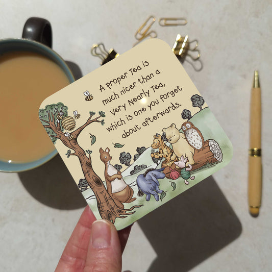 Yellow Winnie Coaster and Card Set | A.A. Milne Quote | Gloss MDF Drinks Mat featuring a 'Proper Tea'