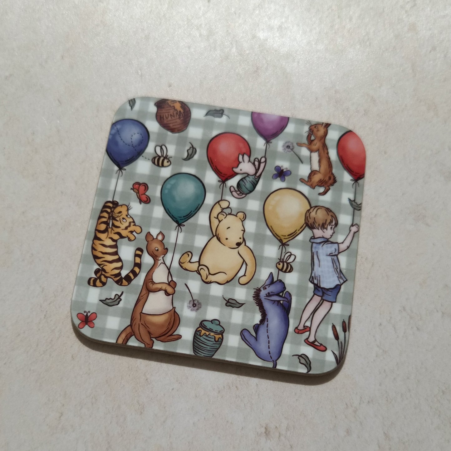 Winnie Check Patterned Coaster and Card Set | A.A. Milne Quote | Gloss MDF Drinks Mat