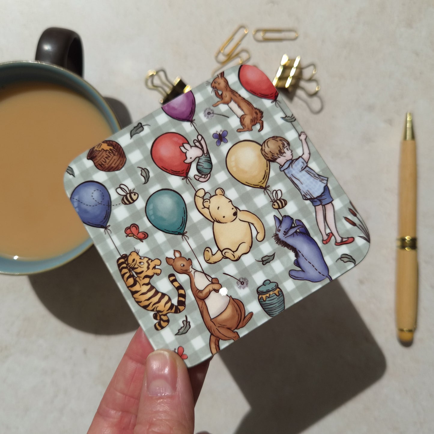 Winnie Check Patterned Coaster and Card Set | A.A. Milne Quote | Gloss MDF Drinks Mat