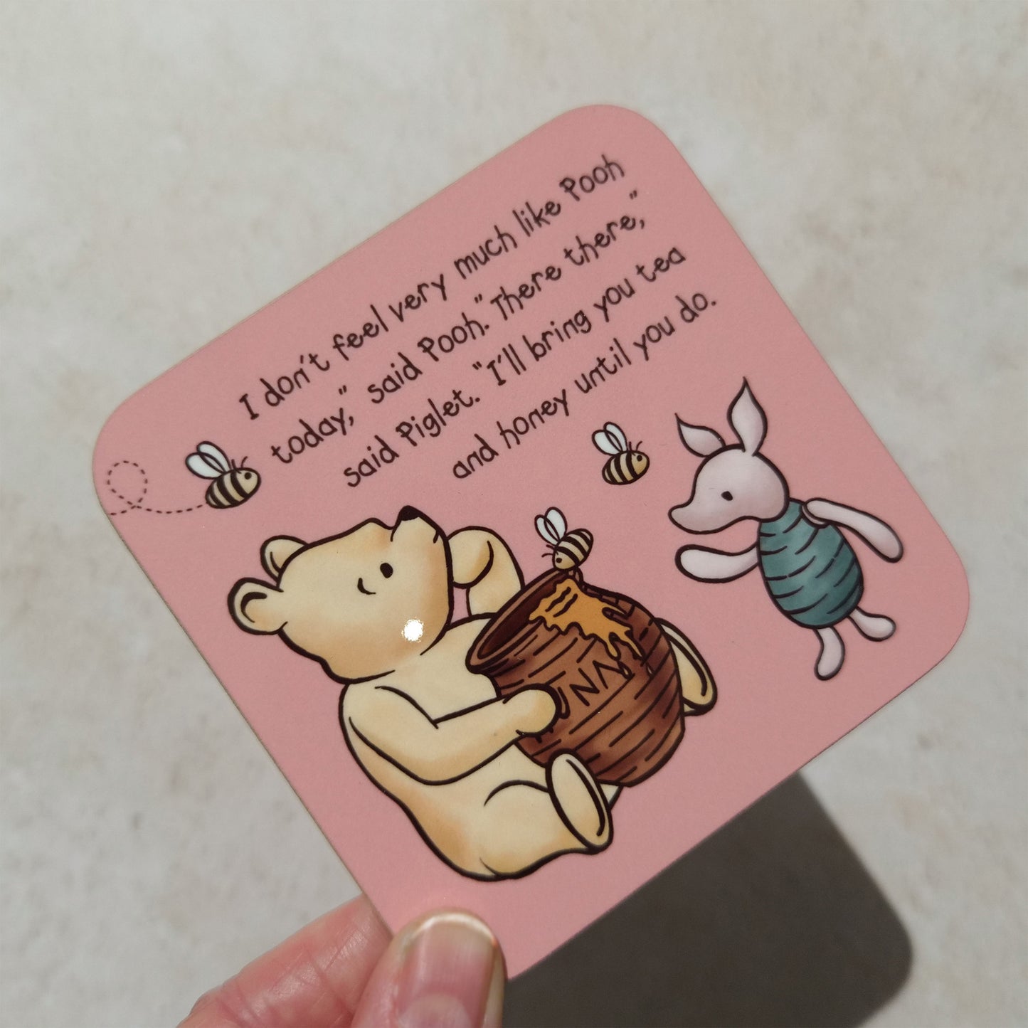 Pink Winnie Cheer Up Coaster and Card Set | A.A. Milne Quote | Gloss MDF Drinks Mat