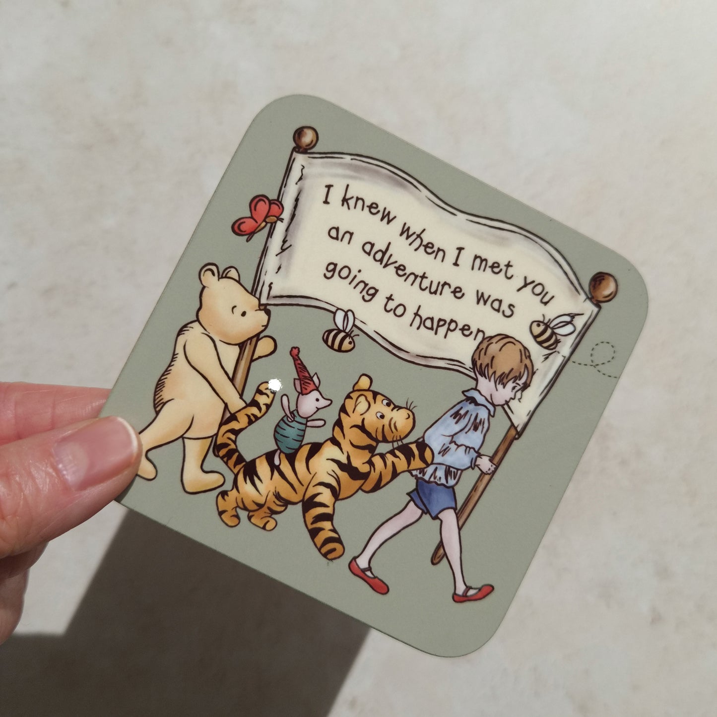 Green Winnie Adventure Coaster and Card Set | A.A. Milne Quote | Gloss MDF Drinks Mat