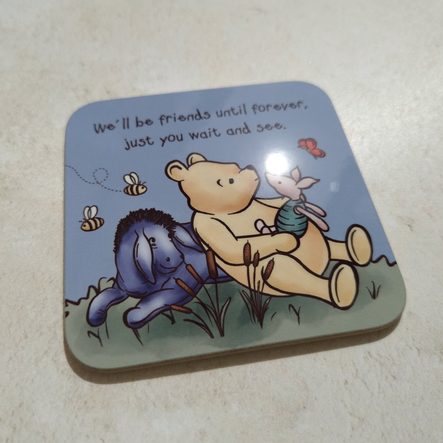 Blue Winnie Friendship Coaster and Card Set | A.A. Milne Quote | Gloss MDF Drinks Mat