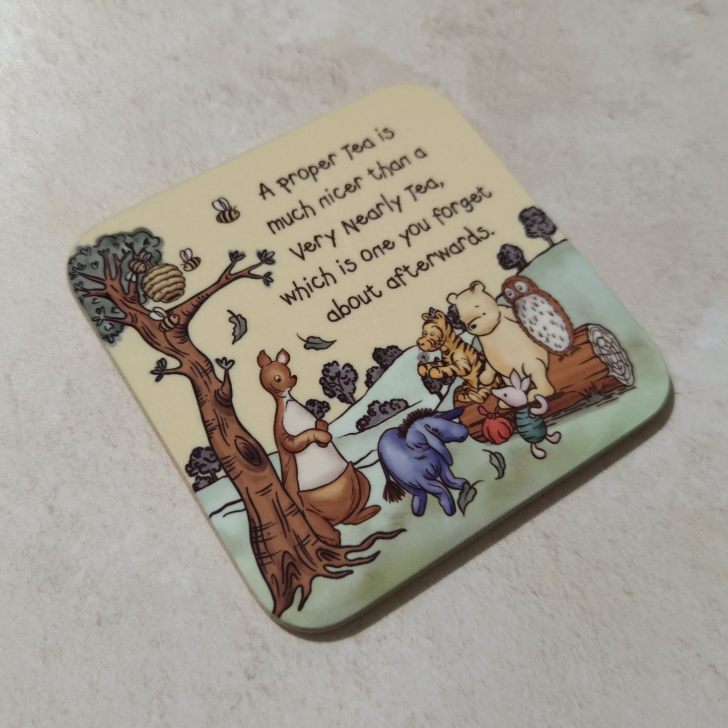 Yellow Winnie Coaster and Card Set | A.A. Milne Quote | Gloss MDF Drinks Mat featuring a 'Proper Tea'