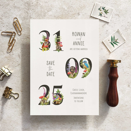 Woodland Animals Save The Date Card with Forest Numbers