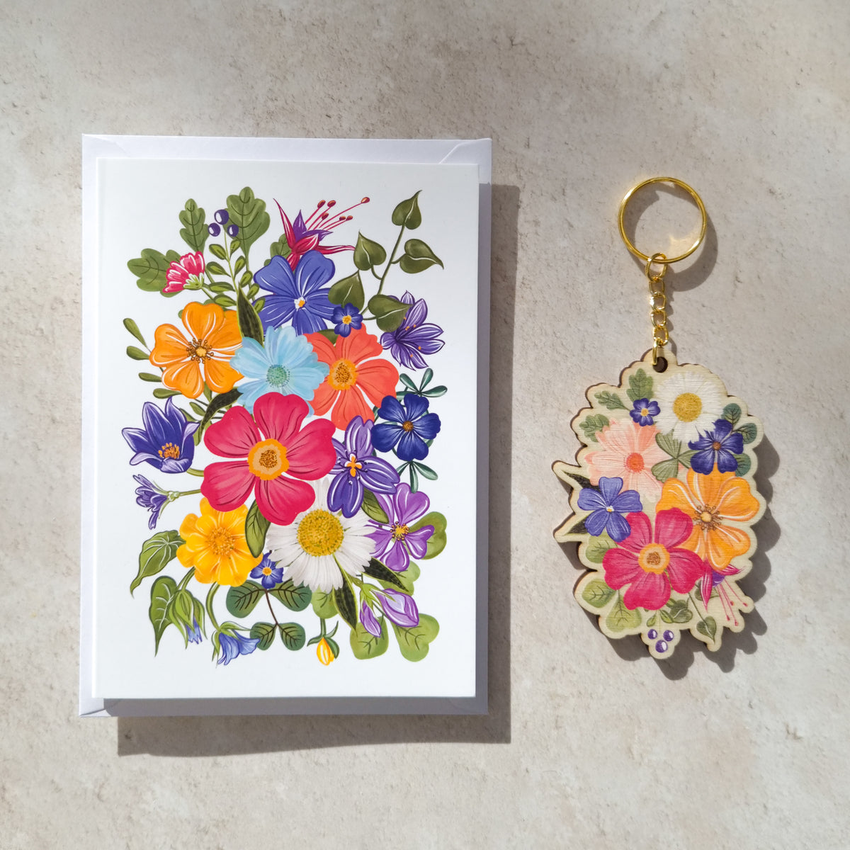 Colourful Flowers Wooden Keyring