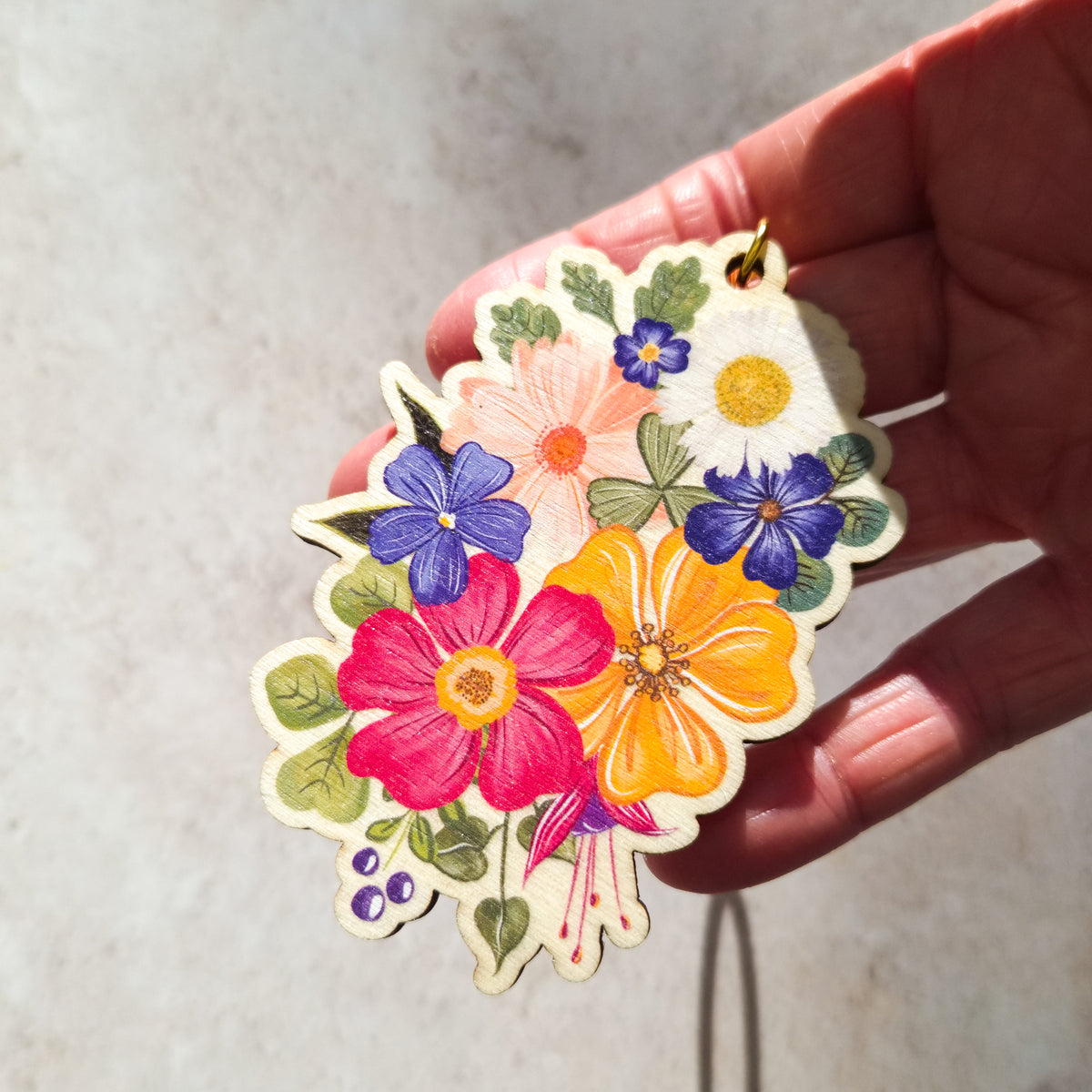 Colourful Flowers Wooden Keyring