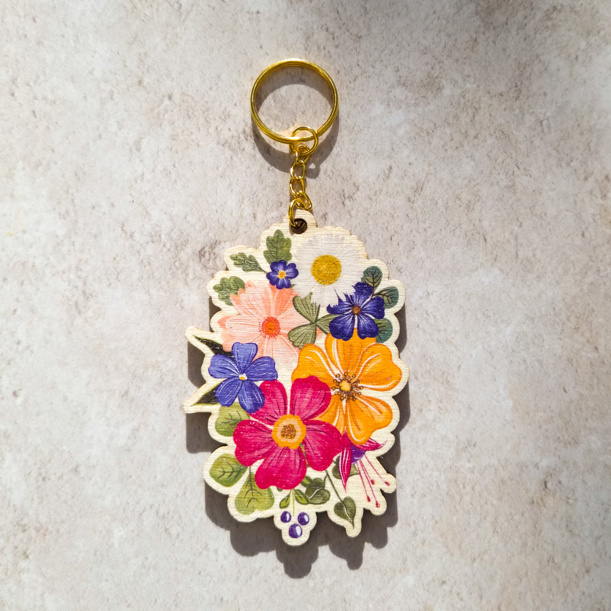 Colourful Flowers Wooden Keyring