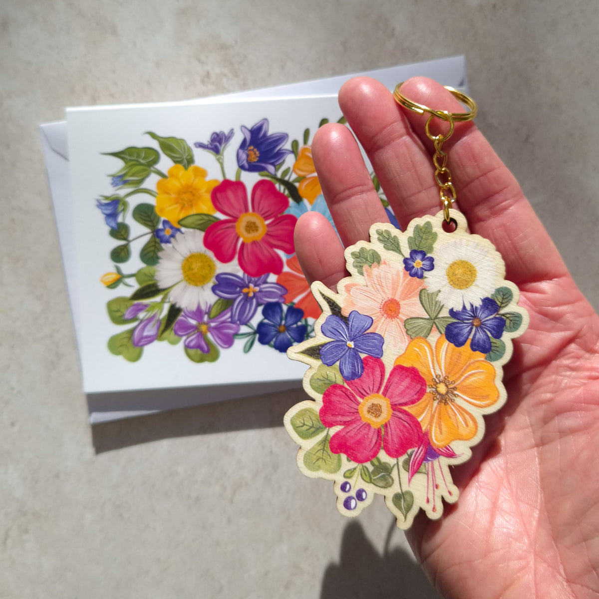 Colourful Flowers Wooden Keyring