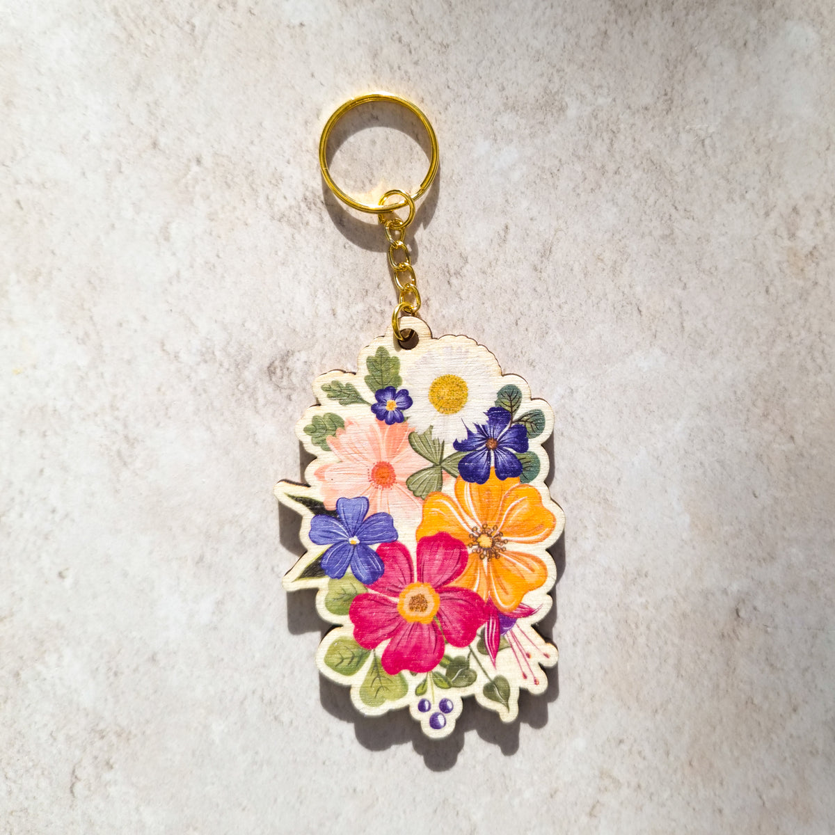 Colourful Flowers Wooden Keyring