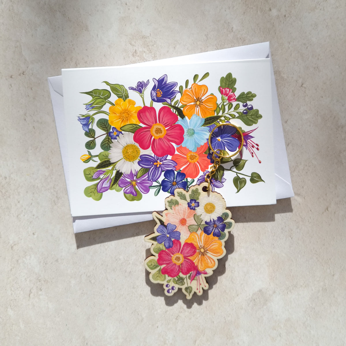 Colourful Flowers Wooden Keyring