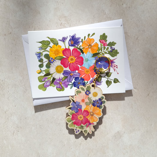 Colourful Flowers Wooden Keyring