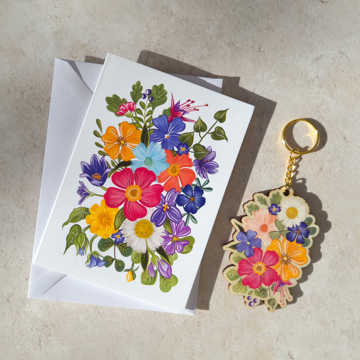 Colourful Flowers Wooden Keyring