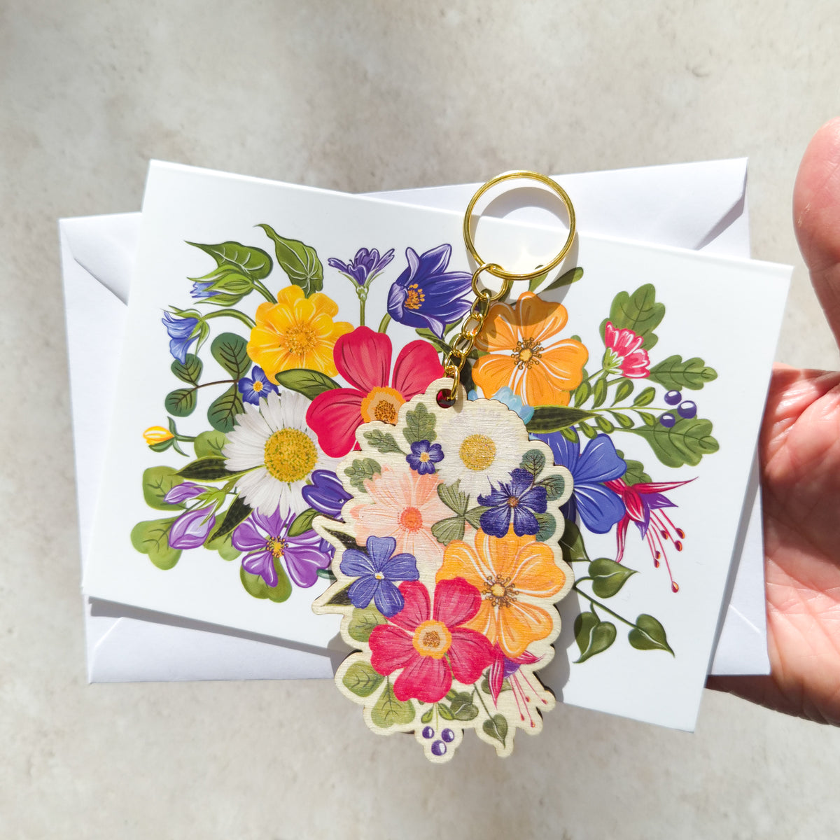 Colourful Flowers Wooden Keyring