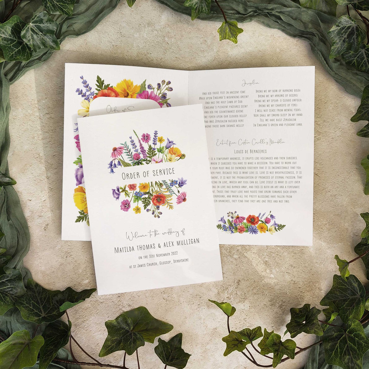Colourful Flowers Folded Order of Service Card
