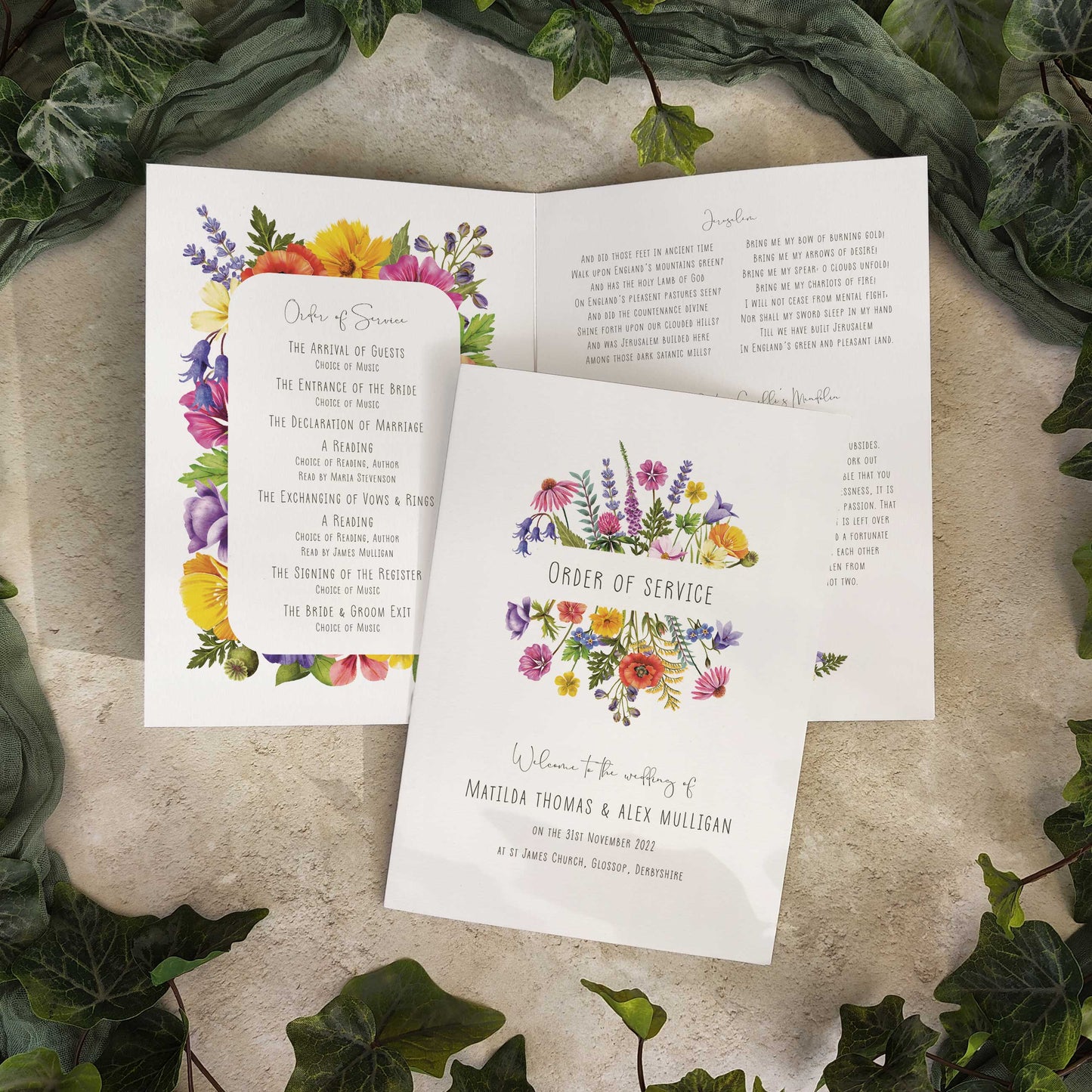 Colourful Flowers Folded Order of Service Card