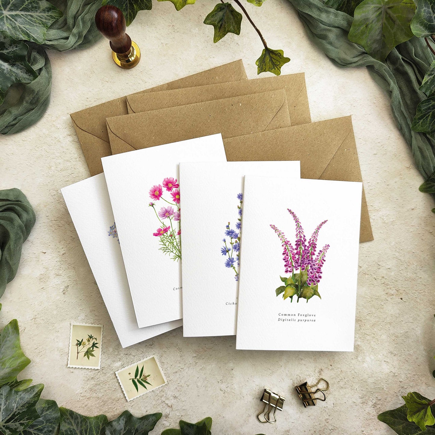 Set of 10 Wildflower Pink & Blue Note Cards & Envelopes