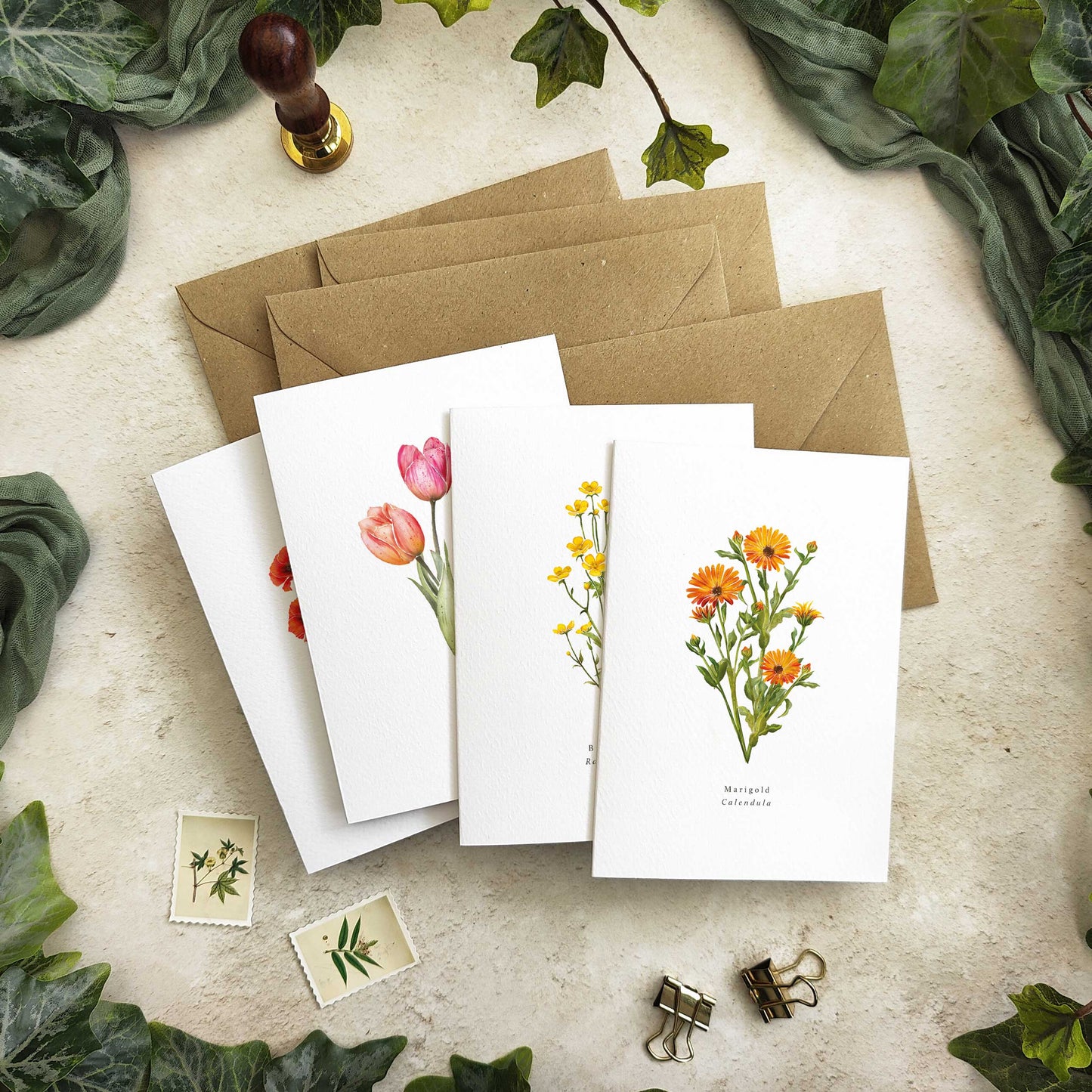 Set of 10 Wildflower Red & Orange Note Cards & Envelopes