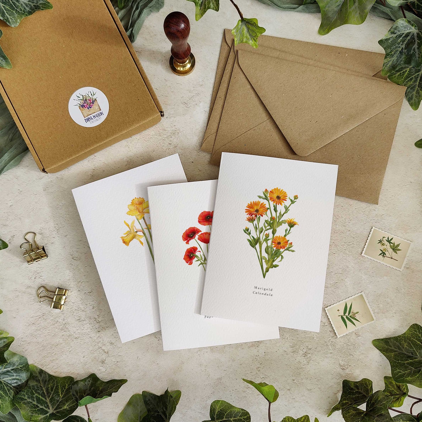 Set of 10 Wildflower Red & Orange Note Cards & Envelopes