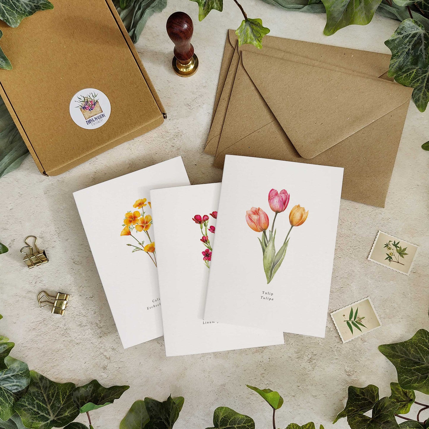 Set of 10 Wildflower Red & Orange Note Cards & Envelopes