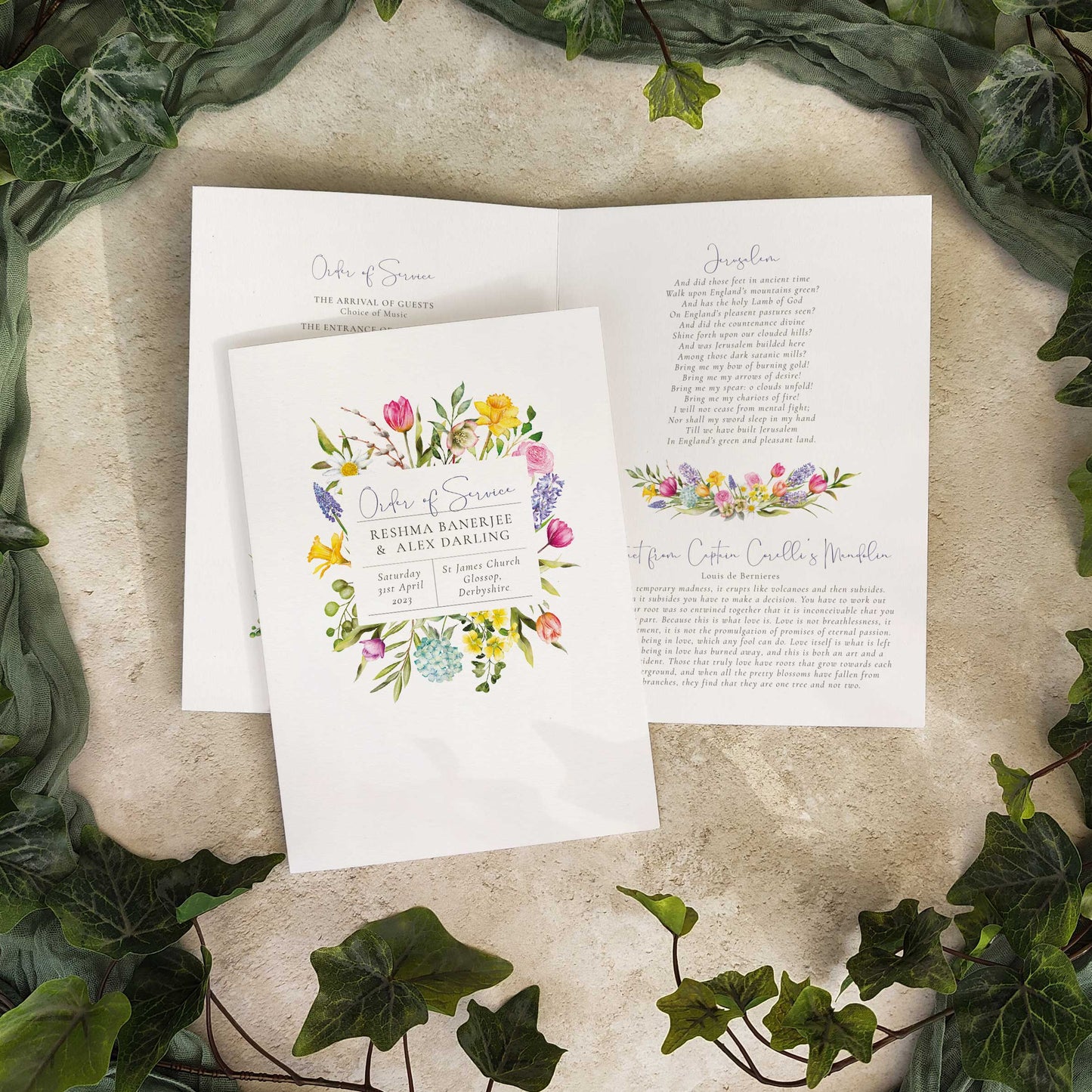 Spring Flowers Folded Order of Service Card