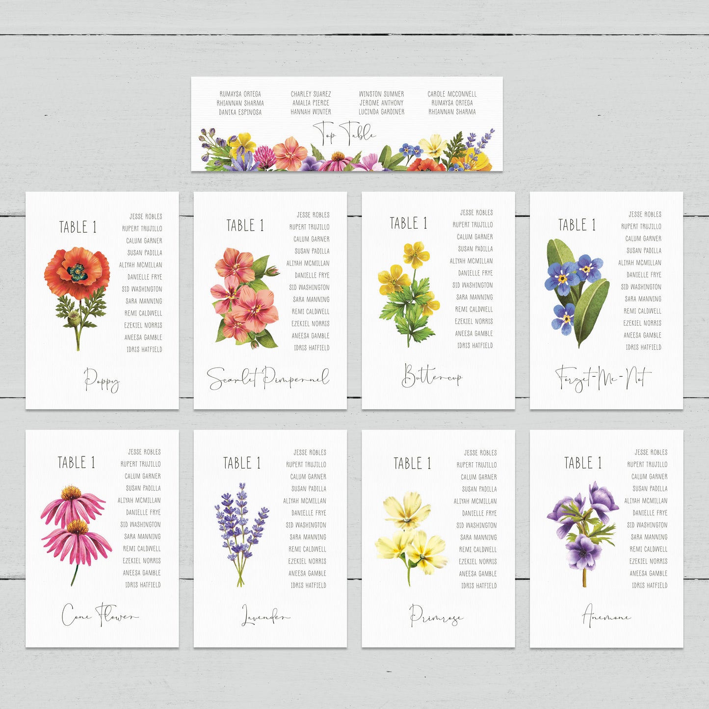Colourful Flowers A5 Table Plan Cards