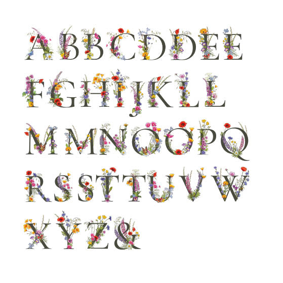 Alphabet letters with floral designs on a white background